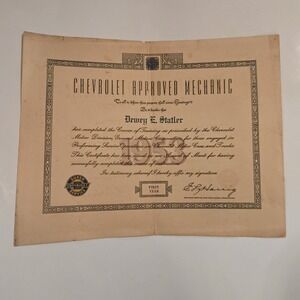 VTG 1953 Chevrolet Approved Mechanic Certificate Dewey E Staller 1st Year 11x14"